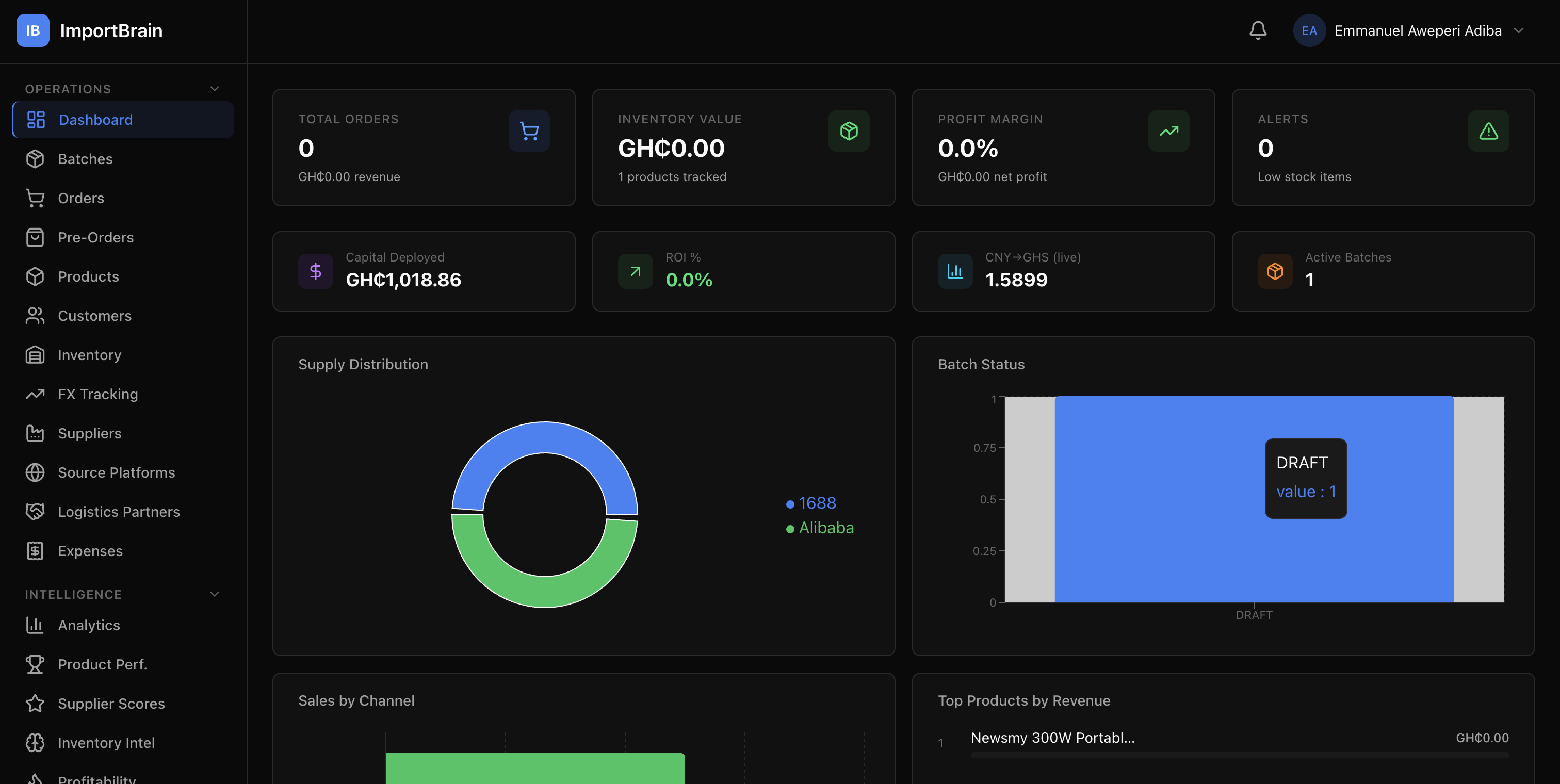 ImportBrain Dashboard — batch tracking, FX rates, and profitability at a glance